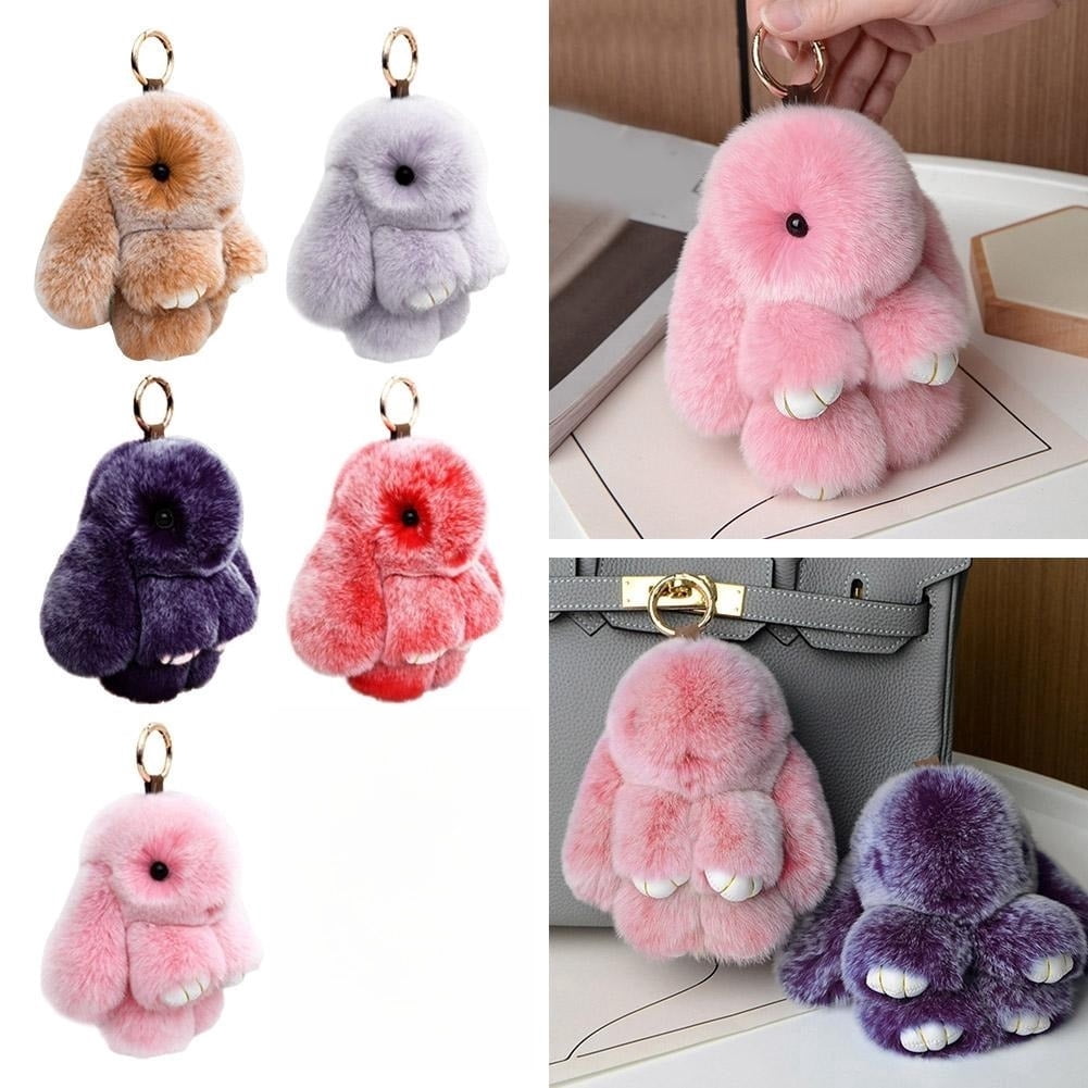 Soft Cute Bunny Keychain Artificial Rabbit Fur Plush Fluffy Pom pom Key ...