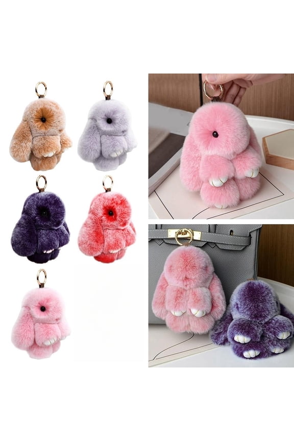 Soft Cute Bunny Keychain Artificial Rabbit Fur Plush Fluffy Pom pom Key Ring for Women