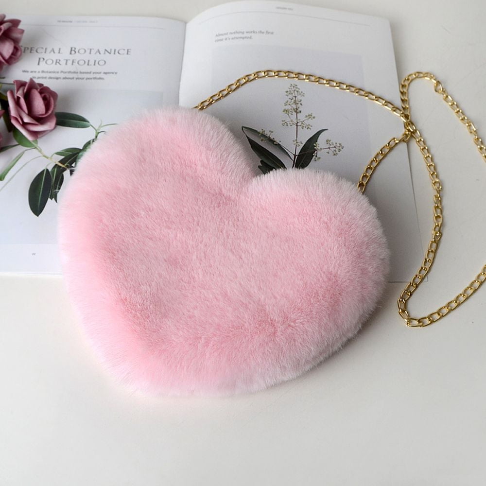 Soft Cute Chain Plush Heart Shaped Faux Fur Cross-body Bag Women Shoulder  Bag Korean Style Diagonal Bag Handbag PINK 