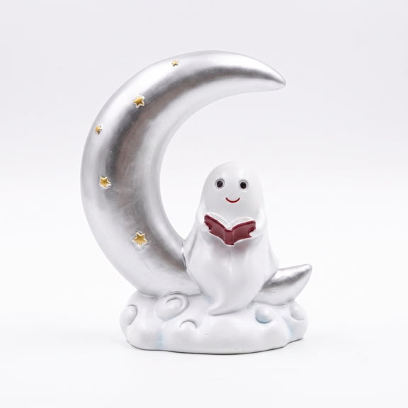 Soft Cute Ghost Reading Resin Figurine, Moon Crescent Base with Star Cloud Accent, Gentle Bedside Shelf Decor for Book Lovers, Calming Halloween Gift for Kids Girls Students