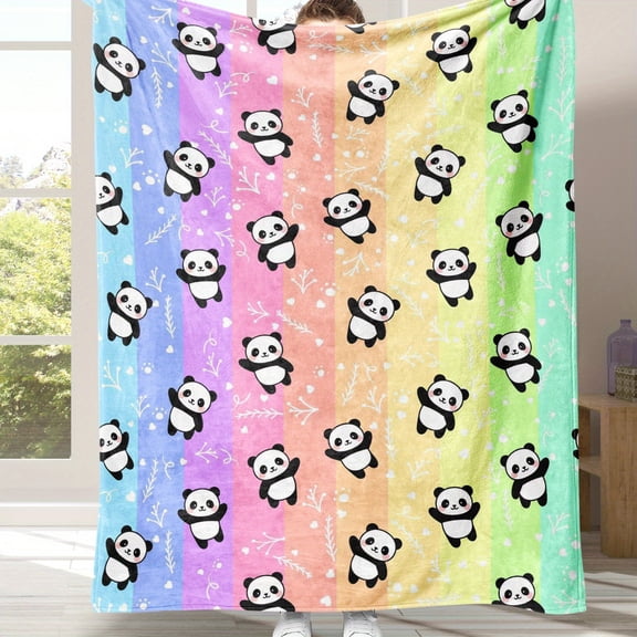 Soft Cute Panda & Hearts Flannel Blanket - All-Season Bedspread, Quilted Bed Cover with Pastel Rainbow Colors (Pink/Yellow/Green/Purple) for ' Room,, s - Machine Washable Cozy Bedding