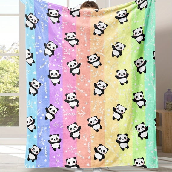 Soft Cute Panda & Hearts Flannel Blanket - All-Season Bedspread, Quilted Bed Cover with Pastel Rainbow Colors (Pink/Yellow/Green/Purple) for ' Room,, s - Machine Washable Cozy Bedding