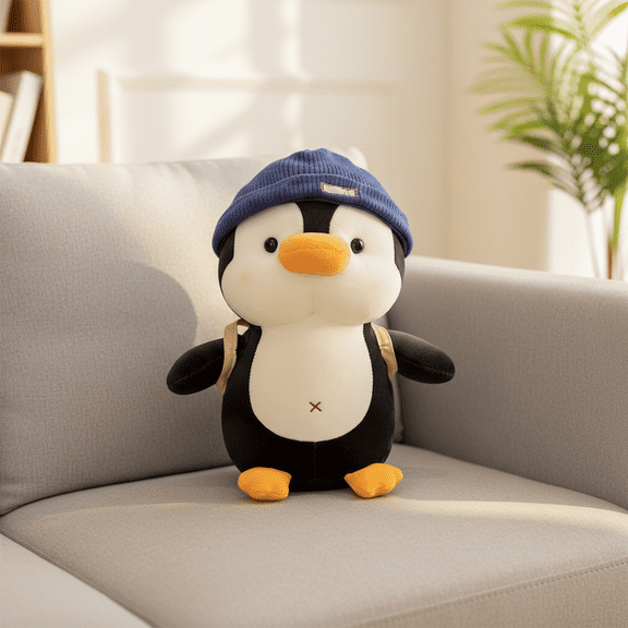 Soft Cute Penguin Plush Toy Heartwarming Stuffed Animal with Knitted Cap and Schoolbag for Soothing Bedside Home Decoration