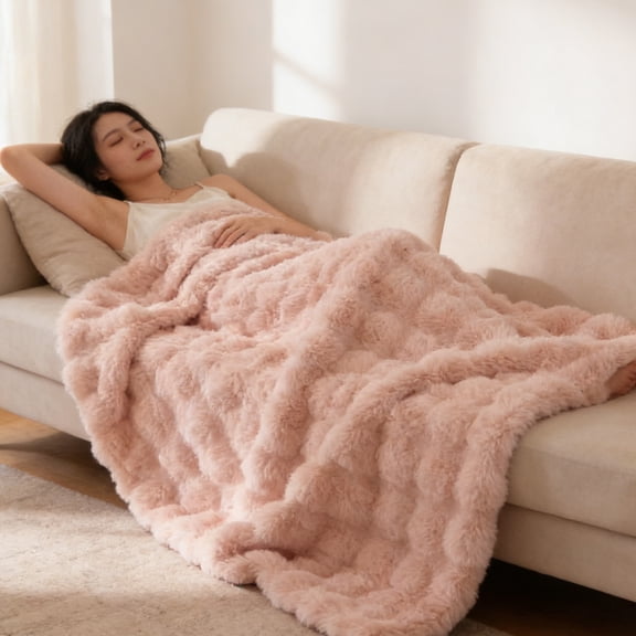 Soft Decorative Fuzzy Bubble Faux Rabbit Fur Throw Blanket for Couch, Cute Plush Thick Warm Fluffy Blanket, Luxury Cozy Puffy Shaggy Comfy Furry Blankets 39.4*59.1in(Pink)