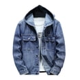 thumbnail image 1 of Soft Denim Jacket Men Jerdar Men Spring and Fall Solid Pocket Button Hooded Top Casual Coat, 1 of 4