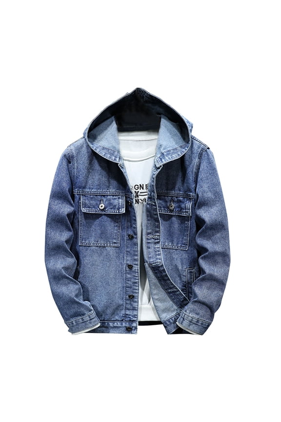 Soft Denim Jacket Men Jerdar Men Spring and Fall Solid Pocket Button Hooded Top Casual Coat