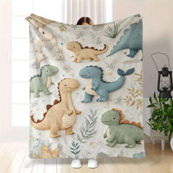 Soft Dinosaur Blanket - Lightweight Flannel Throw for Bed, Sofa, Travel - Rainbow Plaid Decor, All-Season Comfort