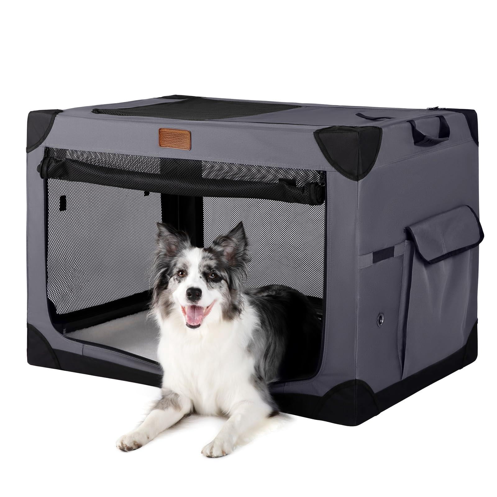 Soft Dog Crate For Small Dogs  4-door Foldable Collapsible With Sides Indoor & Outdoor Travel Kennel Dark Grey