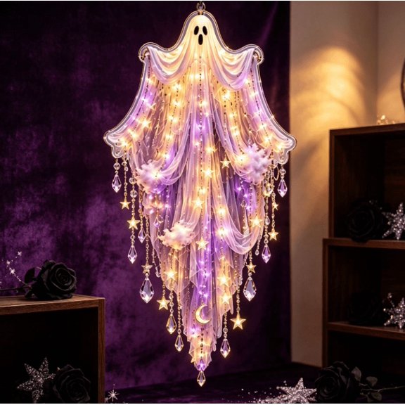 Soft Drape Ghost Suncatcher Hanging Wall Decor Ghost Silhouette with Long Cascading Crystal Tassels Halloween Ornament for Window and Wall Display (Flowing Drape Ghost)