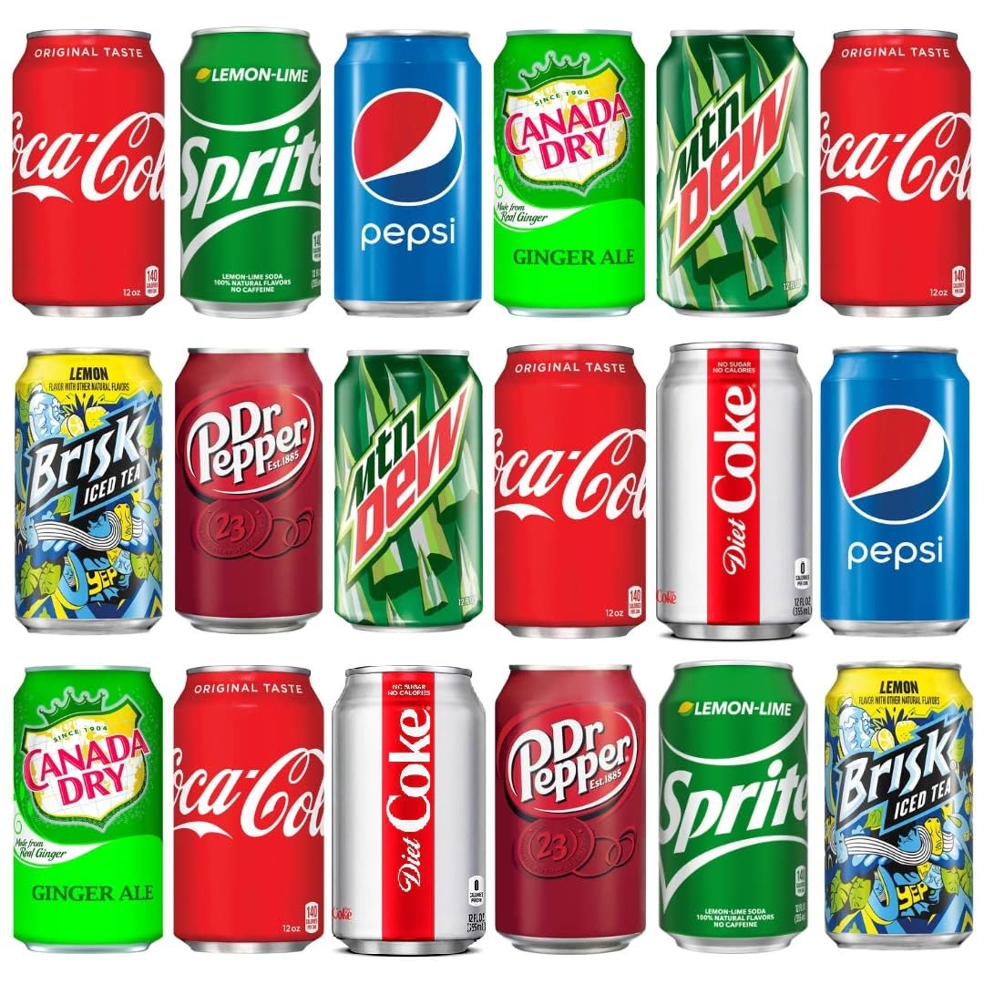 Soft Drink Assortment Cola, Pepsi, Sprite, Mountain Dew, Dr. Pepper