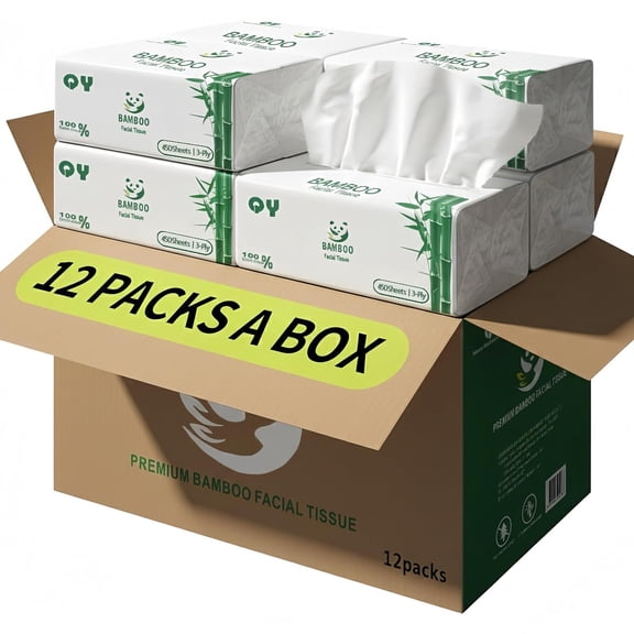 Soft Durable Bamboo Facial Tissues - 3 Ply bleached Facial Paper Dry or Wet Use 12 Packs(150 Tissue per Pack, 1800 Tissues Total