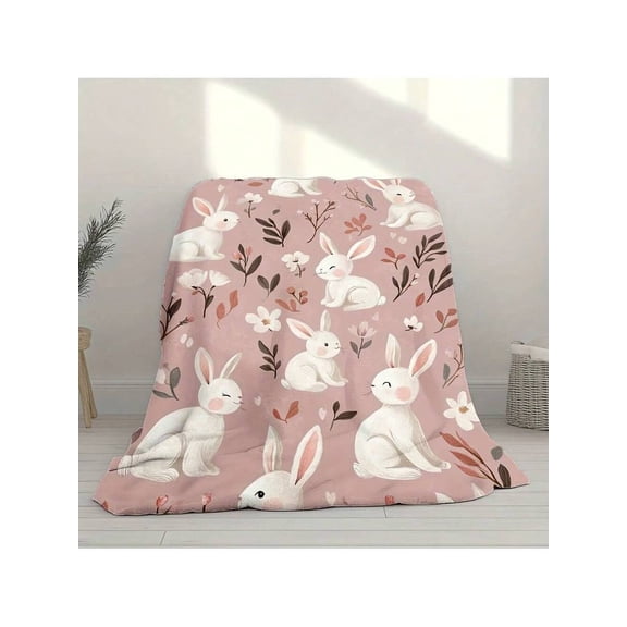 Soft Easter Bunny Flannel Blanket - Cozy Pink Floral Rabbit Design, Lightweight All-Season Throw for Bed, Sofa, Chair, Office & Travel, Machine Washable