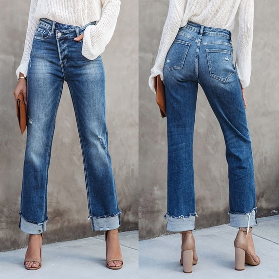 Soft Elastic Stretchy Fabric Jeans for Women Straight Leg Denim Pants For Women High Waisted Stretchy Frayed Denim Pants Casual Trousers Women's Outdoor Comfortable All Day Wear Straight Leg Jeans