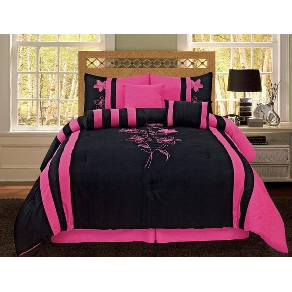 Soft Embroidered Black & Pink Iris Comforter Set - Full SIze