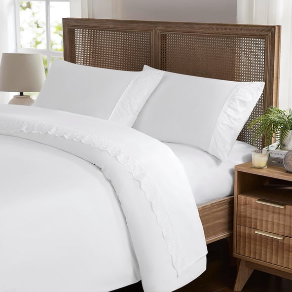 Soft Eyelet Cristina Lace Embroidery 4 count Sheet Set- Luxurious Microfiber Bed Sheets- Includes Flat Sheet, Fitted Sheet with Deep Pockets,& Pillowcases, Beautiful Scalloped Lace Hem