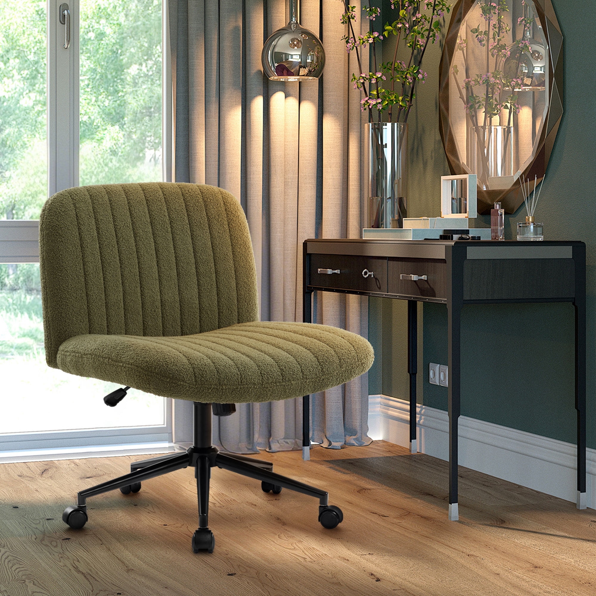 Soft Fabric Armless Wide Seat Office Chair,Criss Cross Legged Desk Chair with Wheels,Height Adjustable Computer Task Chair,Wide Seat Swivel Vanity Chair for Home,Office,Bedroom, Make Up