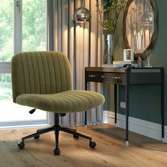 Soft Fabric Armless Wide Seat Office Chair,Criss Cross Legged Desk Chair with Wheels,Height Adjustable Computer Task Chair,Wide Seat Swivel Vanity Chair for Home,Office,Bedroom, Make Up