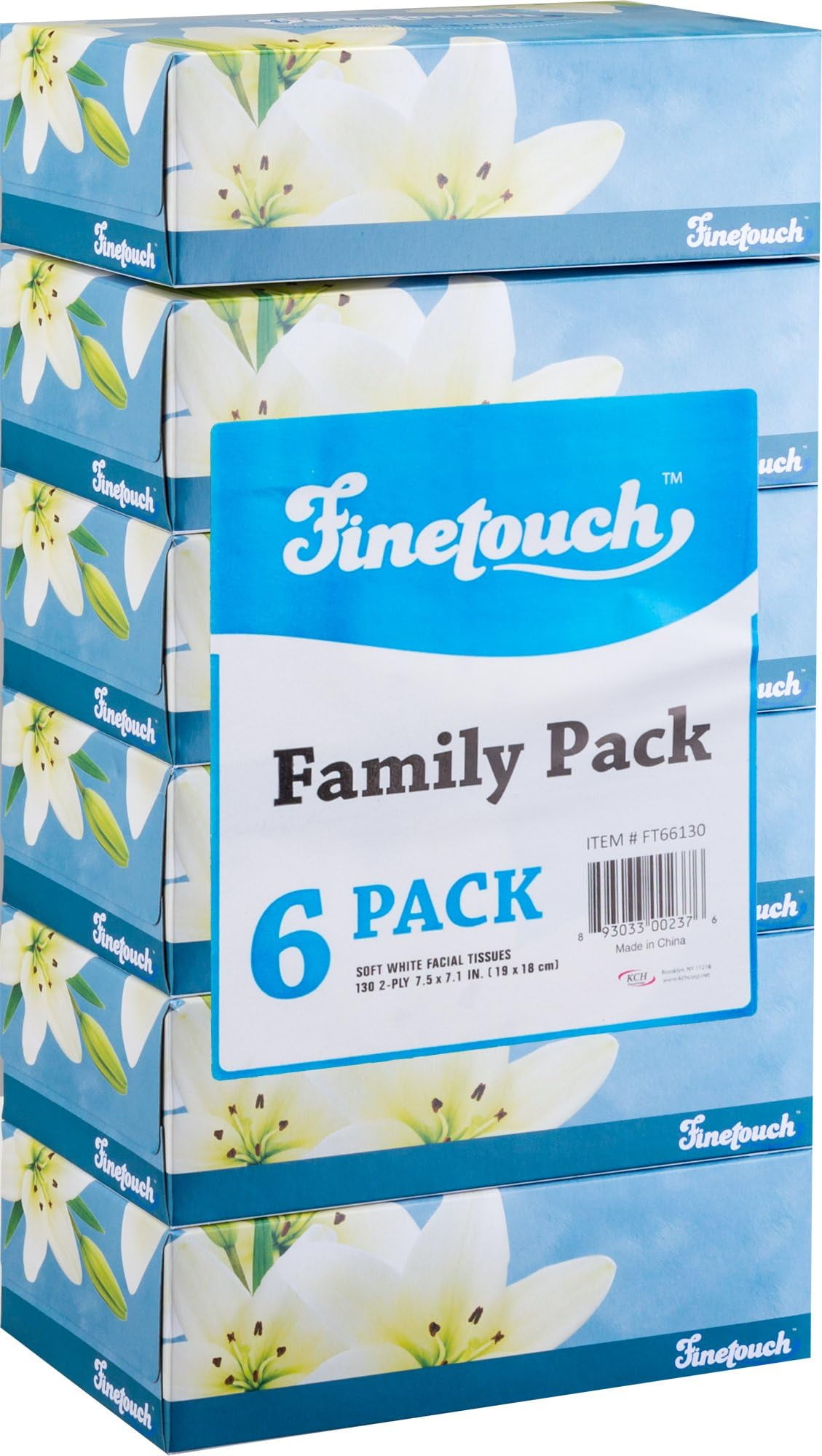 Finetouch Soft Facial Tissues 2 Ply Box Of 130 Pack of 6 (780 Facial Tissues Toatal) Family Pack (6) Design may Vary