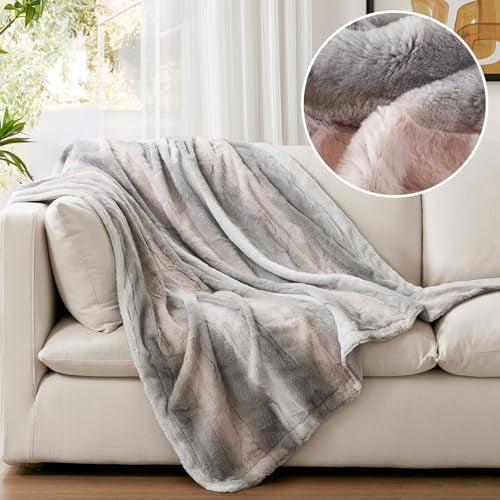 Soft Faux Fur Blanket, Plush Reversible Throw for Home Decor, Luxuriously Soft All Seasons Fuzzy & Cozy Knitted Throw, 50x60 Blush/Grey
