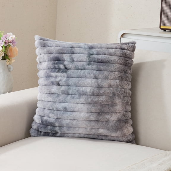 Soft Faux Fur Corduroy Throw Pillow Cover in Mist Gray, Ribbed Plush Decorative Cushion Case for Sofa Couch, Winter Tie-Dye Gray Pillowcase, Home Living Room Decor