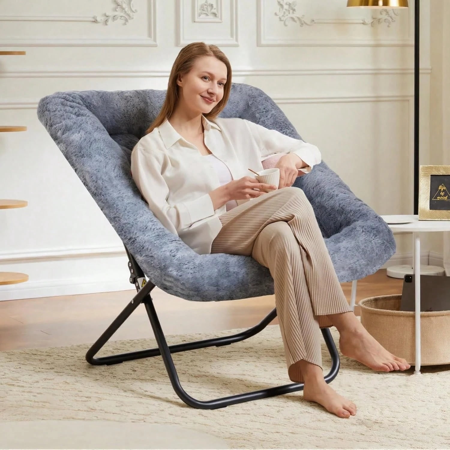Soft Faux Fur Foldable Lounge Chair for Adults, Comfy Flexible Reading ...