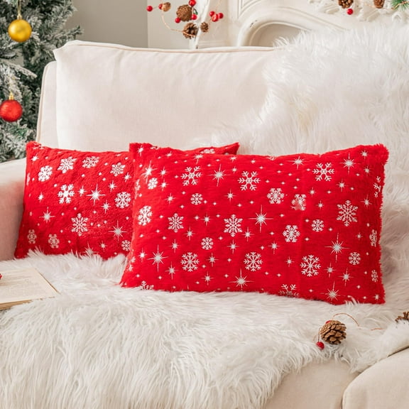 Soft Faux Fur Fuzzy Cute Decorative Throw Pillows Covers with Snowflake Glitter Printed Pillowcases for Christmas Decor Home Bed Room Sofa Chair Couch