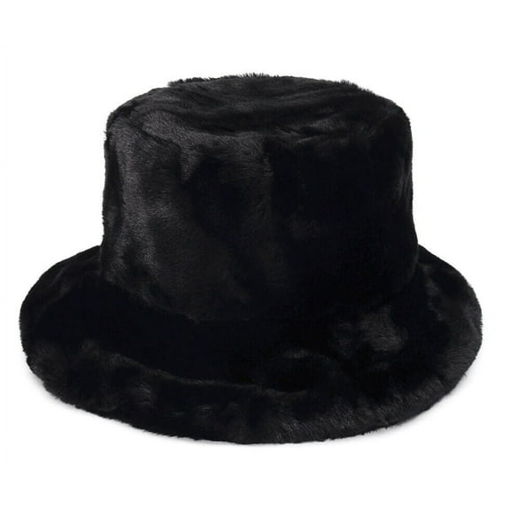 Soft Faux Fur Leopard Tiger Chess Plain Warm Bucket Bush Cloche Cap Hat-Black