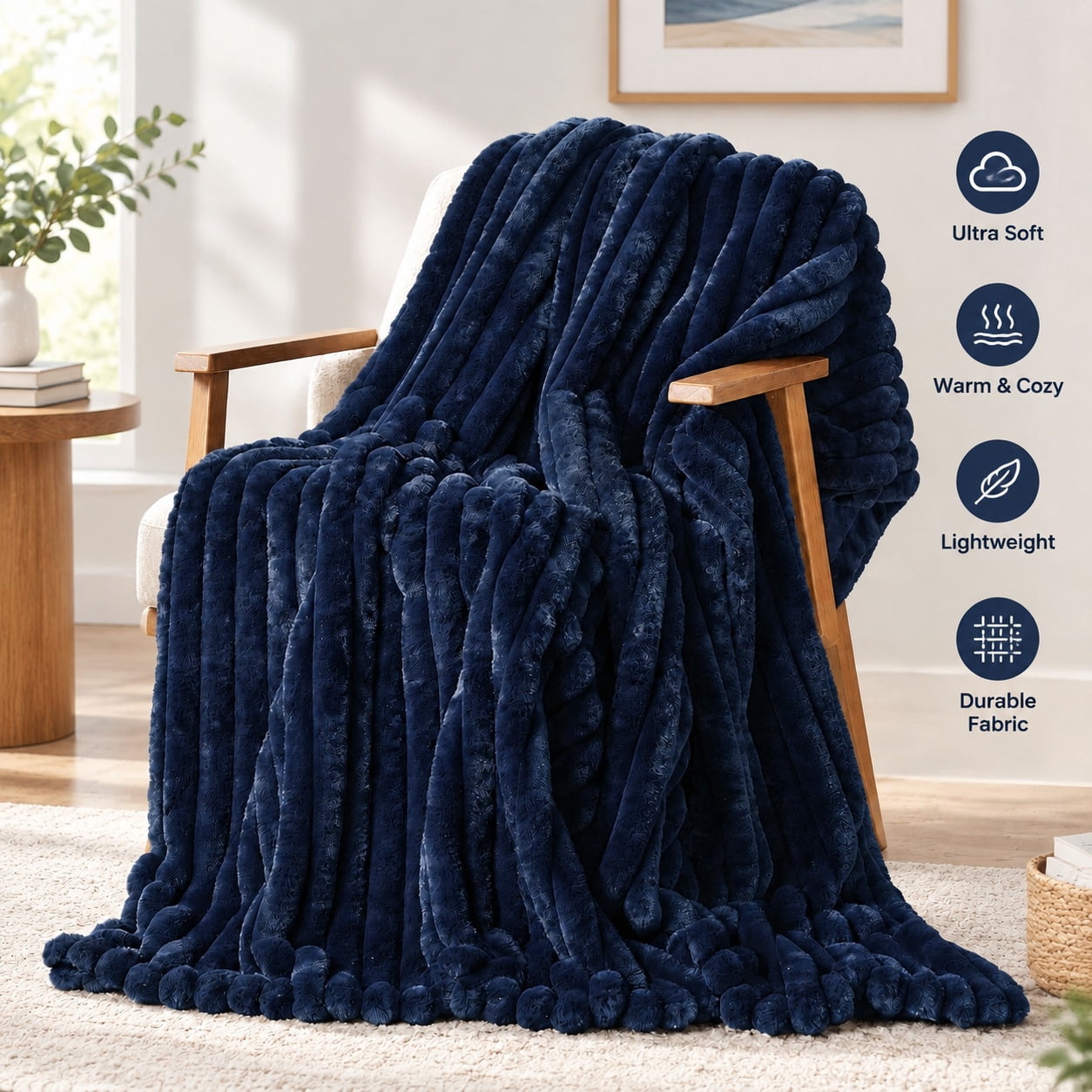 Pelt Throwing Soft Faux Fur Throw Blanket for Couch, Navy Blue, 55