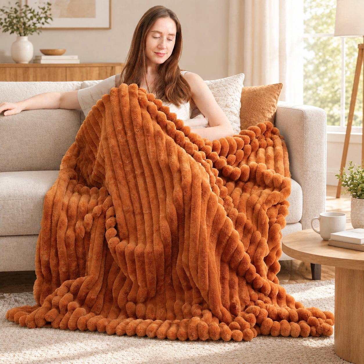 Pelt Throwing Soft Faux Fur Throw Blanket for Couch, Orange Brown, 55