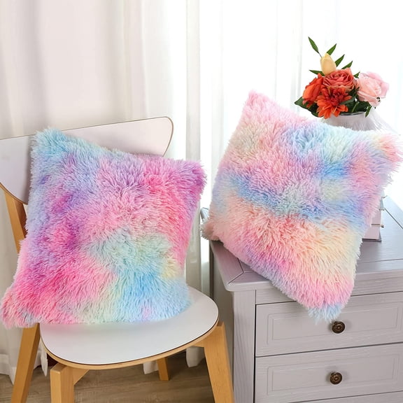 Soft Faux Fur Throw Pillow Covers Pack of 2 Peach Blush Plush Decorative Tie Dye Pink Throw Girls Pillow Covers Cute Cushion Cases Pillowcases for Sofa Couch Decor Room Bedroom Colorful