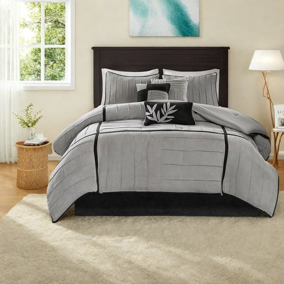 Soft Faux Suede Bedding Set 7Piece Queen Size in Grey Casual Modern Comfort