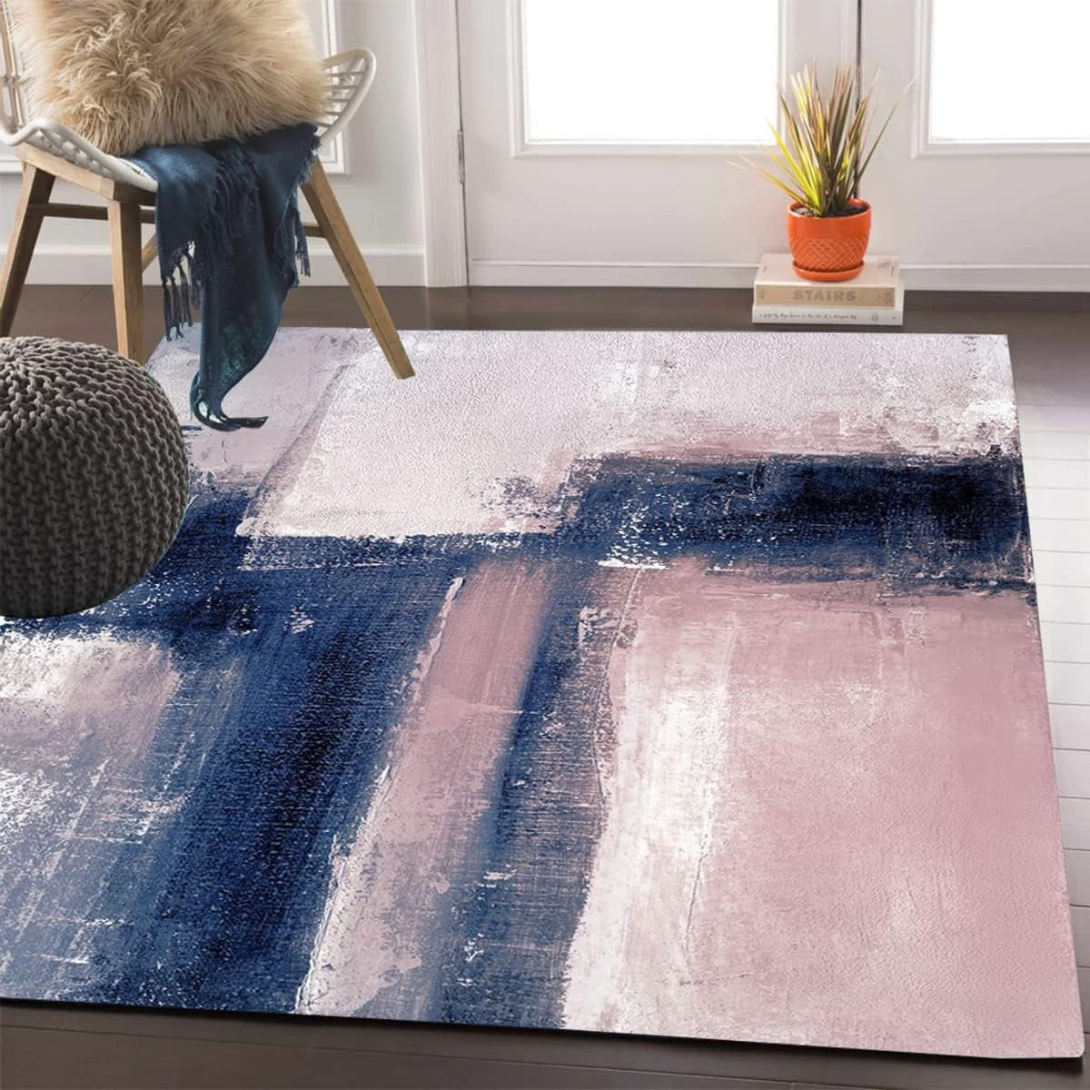 Soft Faux Wool Blue Pink Area Rug 5'x8' Modern Abstract Distressed Rug ...