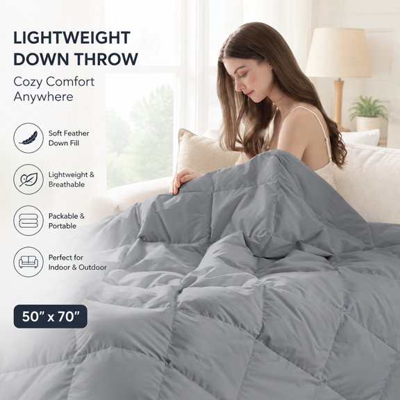 Soft Feather Down Blanket Lightweight Packable Down & Feather Fill for Indoor Outdoor Use Queen 88"X90" Alloy Gray