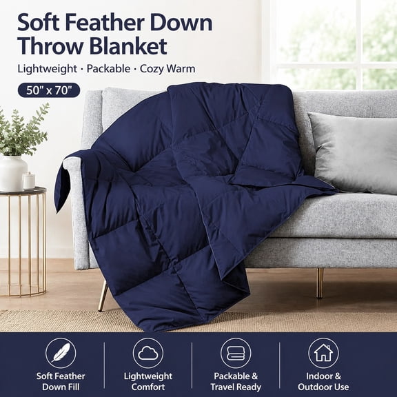 Soft Feather Down Throw Blanket Lightweight Packable Couch Blanket for Indoor Outdoor Use 50"x70" Navy Cozy Warm