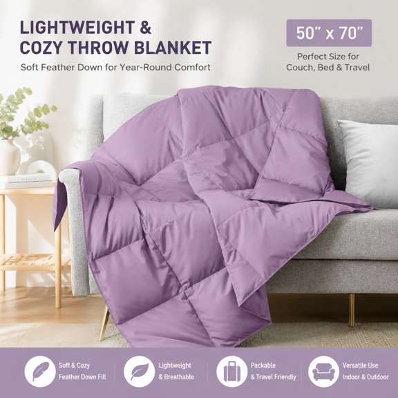 Soft Feather Down Throw Blanket Lightweight Packable Couch Throw 50"x70" Lavender Indoor Outdoor Use Cozy Warm Layer