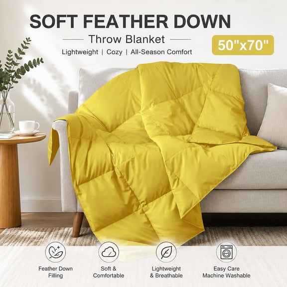 Soft Feather Down Throw Blanket Lightweight Packable Couch Throw for Indoor and Outdoor Use, 50"x70", Yellow Cozy Warm Portable Blanket