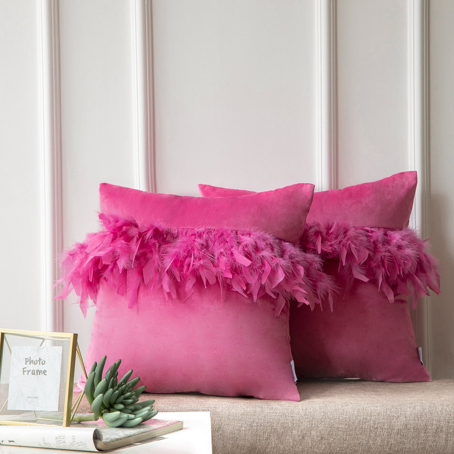Soft Feather Velvet Modern Cushion Covers, Decorative Couch Pillow Covers, 18" x 18", Pink, 2