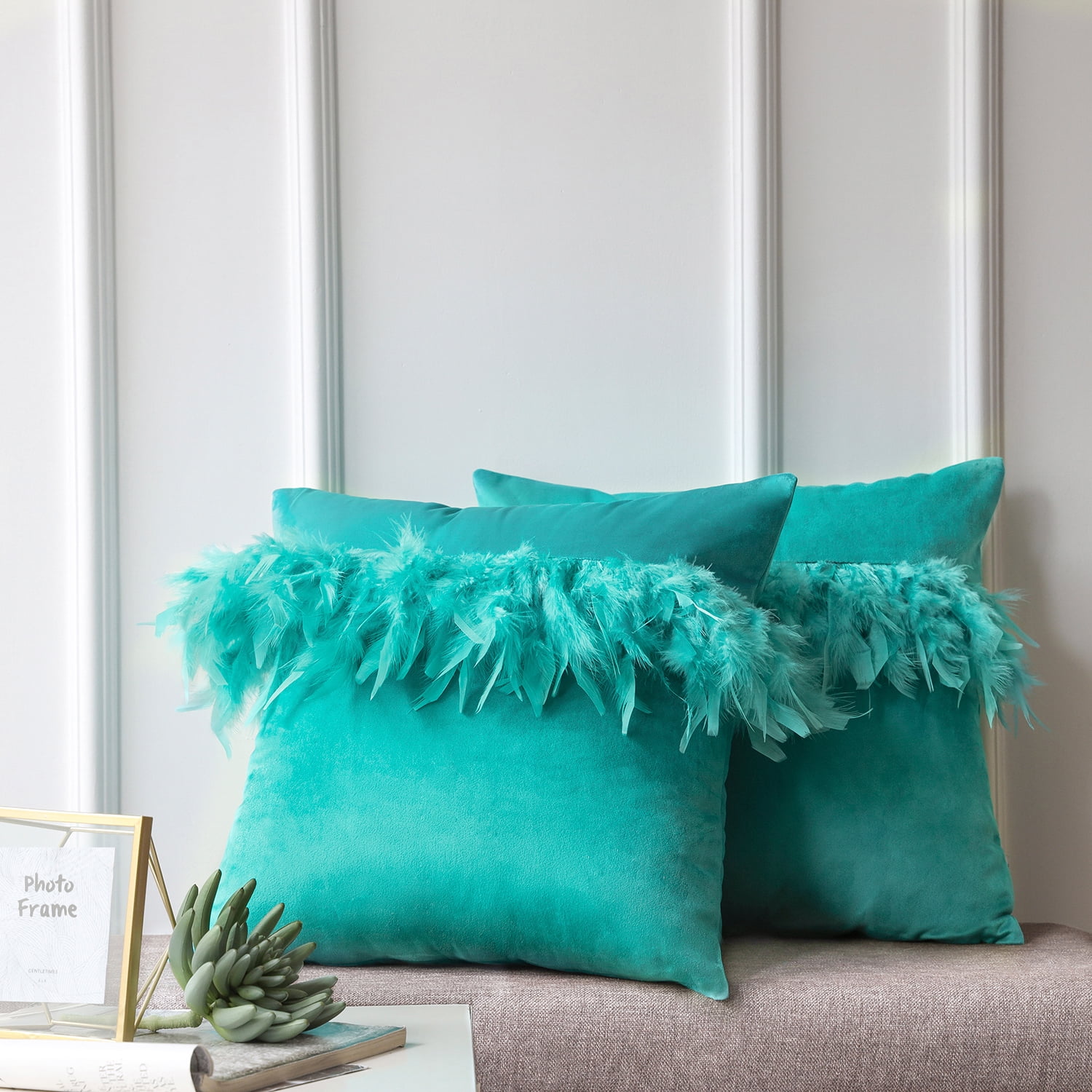 Soft Feather Velvet Modern Cushion Covers, Decorative Couch Pillow Covers, 18" x 18", Turquoise