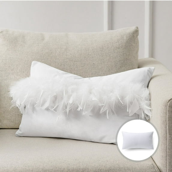 Soft Feather Velvet Modern Cushion, Decorative Couch Pillow, 12" x 20", True White, 2 Pack