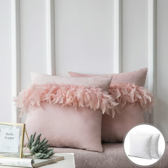 Soft Feather Velvet Modern Cushion, Decorative Couch Pillow, 18" x 18", Light Pink, 2 Pack