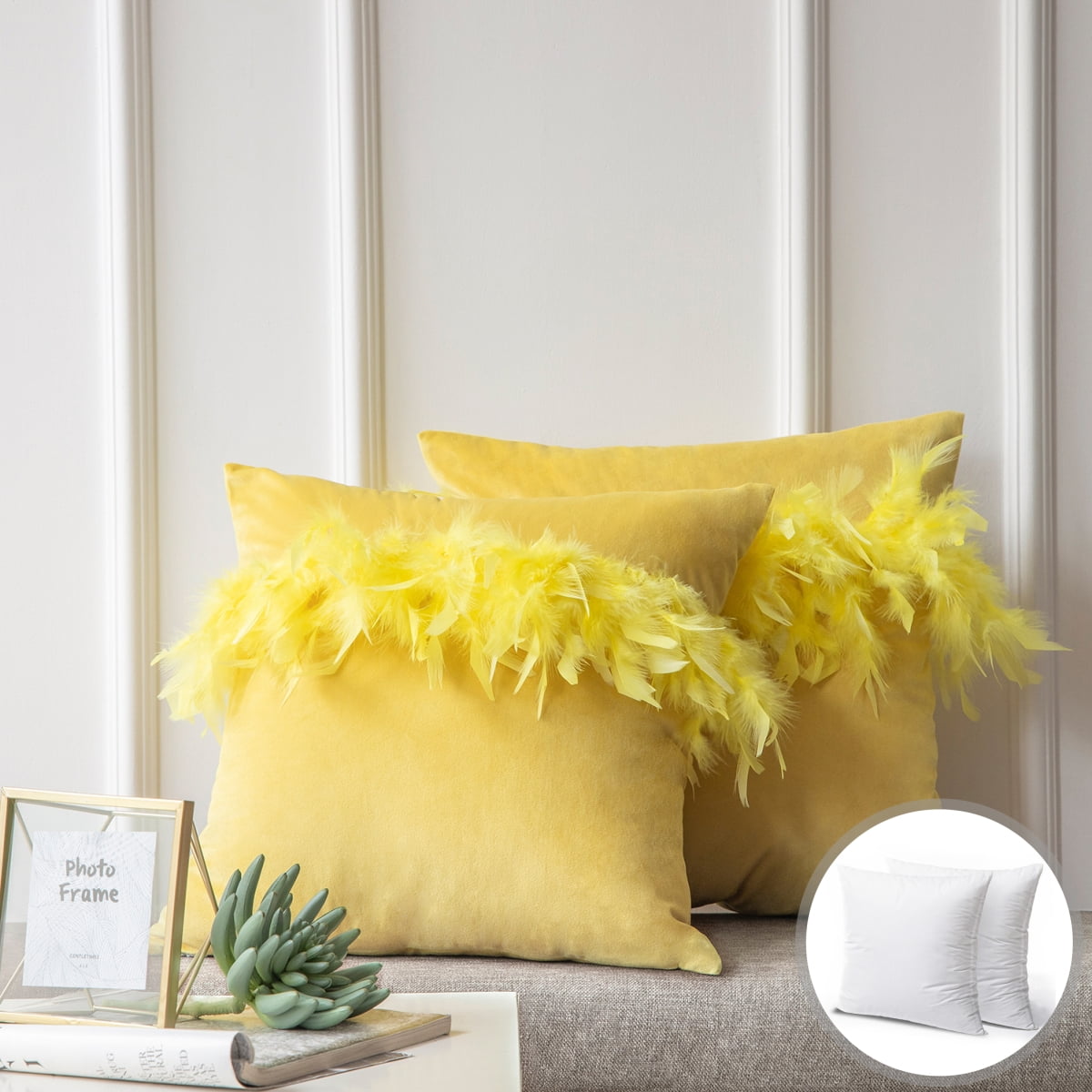 Yellow Throws For Sofas Soft Feather Velvet Modern Cushion