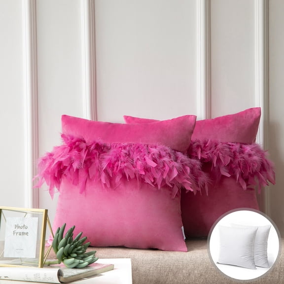 Soft Feather Velvet Modern Cushion, Decorative Couch Pillow, 18" x 18", Pink, 2 Pack