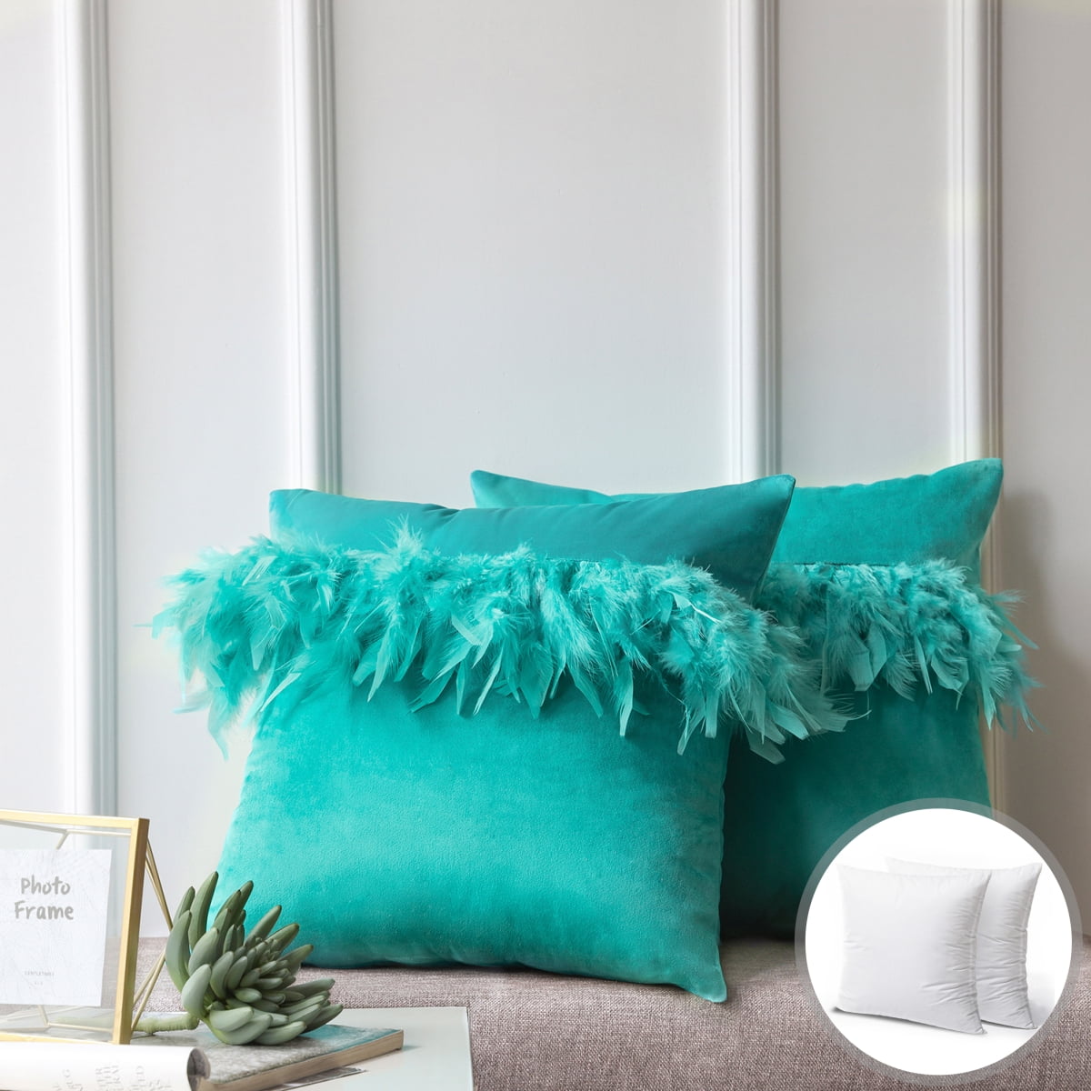 Soft Feather Velvet Modern Cushion, Decorative Couch Pillow, 18" x 18", Turquoise, 2 Pack