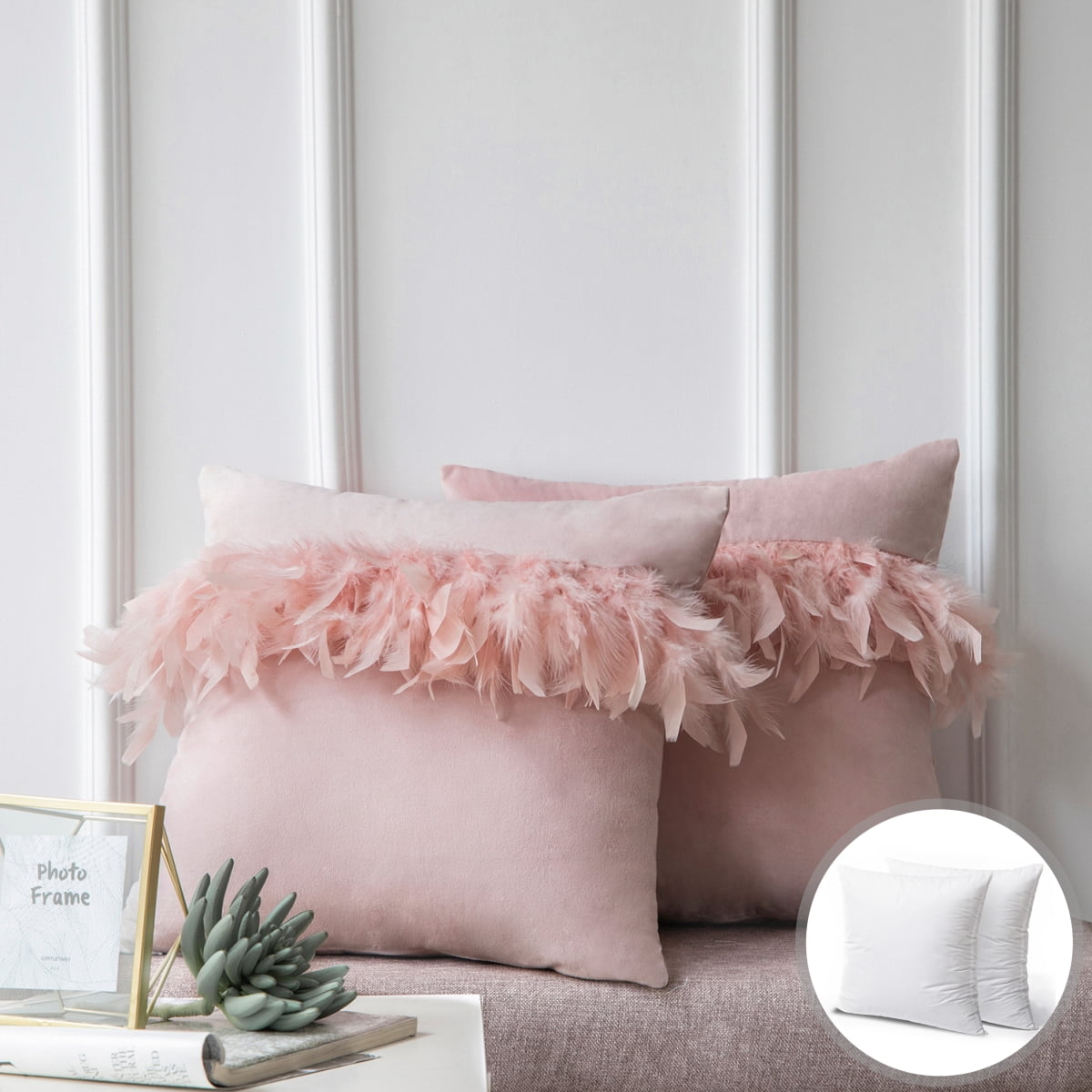 Soft Feather Velvet Modern Cushion, Decorative Couch Pillow, 22" x 22", Light Pink, 2 Pack