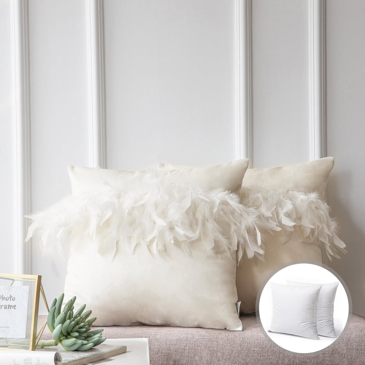 Soft Feather Velvet Modern Cushion, Decorative Couch Pillow, 22" x 22", Off White, 2 Pack