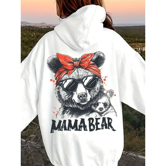 Soft  Festive Mama Bear Hoodie with Animal Print, Pockets - Perfect for Fall/Winter Beach Days