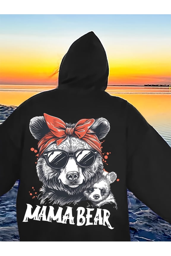 Soft  Festive Mama Bear Hoodie with Animal Print, Pockets - Perfect for Fall/Winter Beach Days