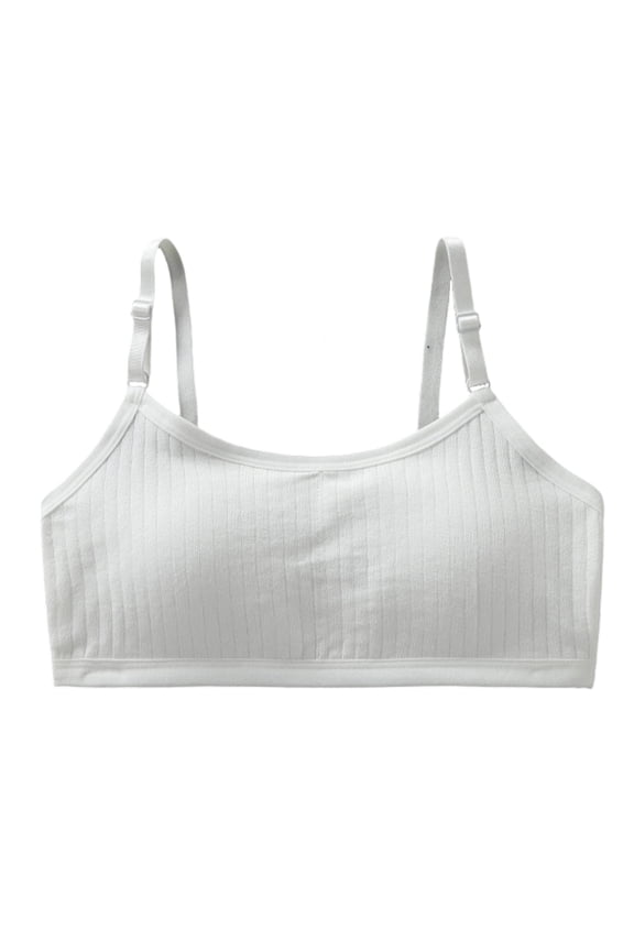 Soft First Bra For Girls 10-14 Vertical Ribbed Knit Training Bra With Adjustable Spaghetti Straps Fixed Padded Wireless Puberty Underwear Vest Soft Breathable Cotton Crop Top