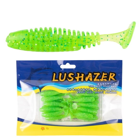 Soft Fishing Lures, 1.8in Green Threaded T-Tail Micro Worm Baits, 20 Count Pack for Freshwater Micro Fishing, Targeting Trout Bass Red Snapper Tilapia Panfish in Shallow Shore Waters