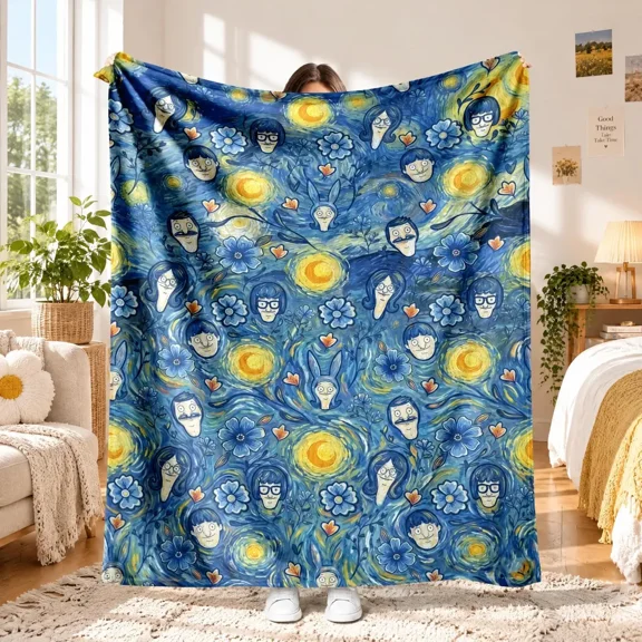 Soft Flannel Artwork Blanket Bob's Burgers Belcher Family Starry Night Van Gogh Art Parody Print Throw Blanket TV Show Fan Gift For Art Enthusiasts Cozy Home Decor Sofa Bed Movie Night Blanket